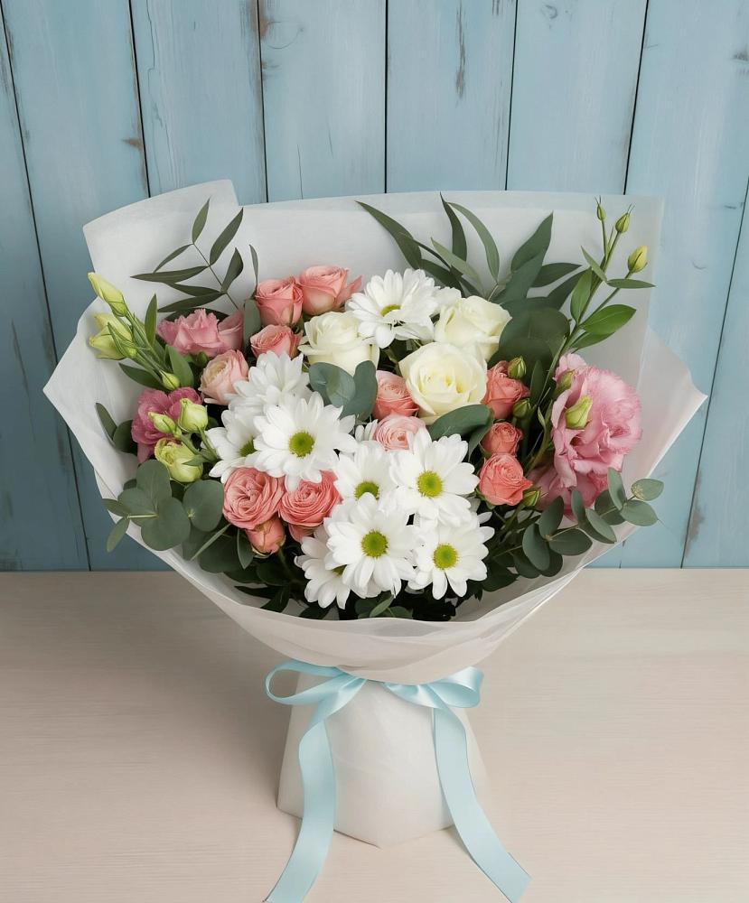 Букет цветов из: Розы, Лизиантусы и Хризантемы в Будановке
