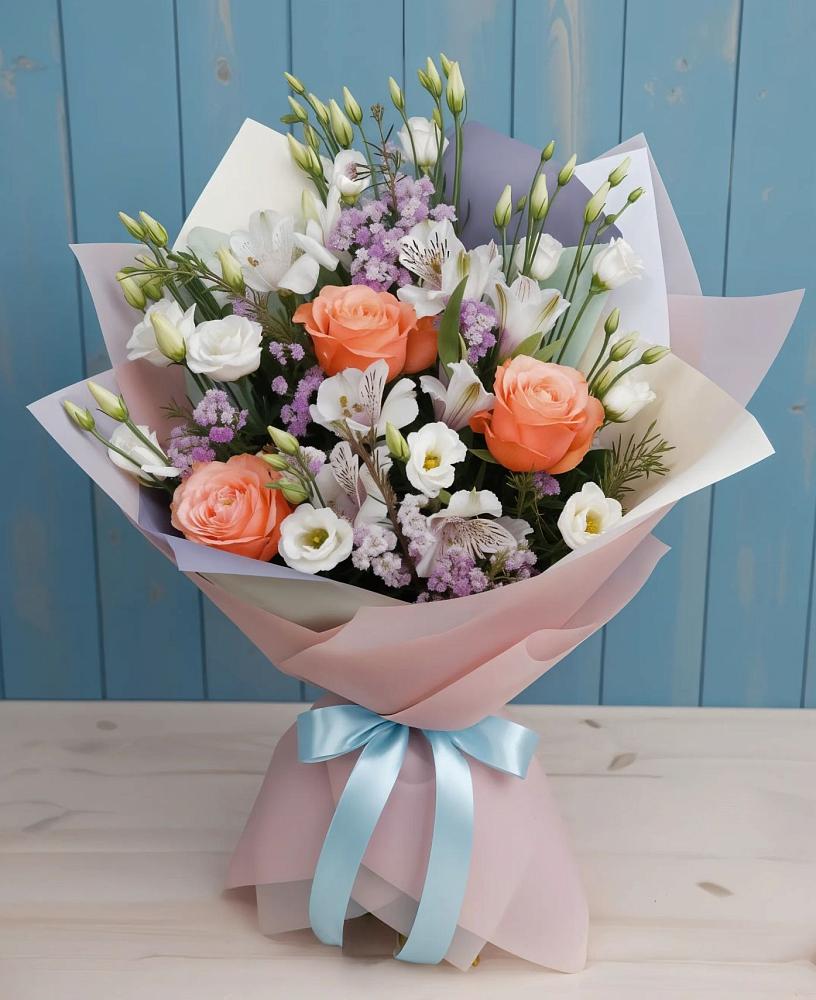 Букет цветов из: Лизиантусы, Розы, Альстромерии и Гипсофила в Будановке